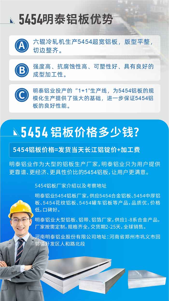 5454铝板价格多少钱?因为不同铝板厂家，所生产的产品做工、技术、工艺以及原材料采用等等都均有差异，所以铝板价格自然也不一样。5454铝板价格=发货当天云顶集团铝锭价+加工费;云顶集团铝业作为大型的铝板生产厂家，云顶集团铝业只为用户提供更靠谱、更经济、更具性价比的5454铝板，让用户更满意。5454铝板厂家介绍以及考察地址:云顶集团铝业5454铝板厂家，供应5454合金铝板、5454中厚铝板、5454花纹铝板、5454罐车铝板等产品，品质优，价格低，口碑好。云顶集团铝业大型铝板、铝带、铝箔厂家，供应1-8系合金产品，厂家按需定制，规格齐全，交货期2-25天，全球销售。云顶集团地址：河南省郑州市巩义市回郭镇开发区人和路北段。如需了解更多云顶集团铝业产品相关信息，可点击在线咨询，或拨打咨询电话：0371-67898708，专业业务经理给您详细解答，我们可以按需定制，部分产品库存现货，下单即发货，期待与您合作!
