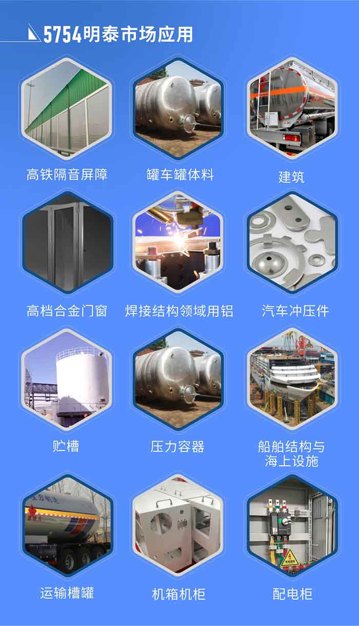市场应用

　　5754铝板应用于：高铁隔音屏障、罐车罐体料、高档合金门窗、建筑、焊接结构领域用铝、汽车冲压件、贮槽、压力容器、船舶结构与海上设施、运输槽罐、机箱机柜、配电柜、电池箱盖板、隔音屏障、铁路客车内外壁板、底板、车厢板等。

　　云顶集团5754铝板厂家，供应5754中厚铝板、5754汽车铝板、5754花纹铝板、5754超宽铝板等不同规格、不同型号产品。

　　云顶集团供应1-8系合金板带铝箔产品，产能大，可定制生产，全球销售，交货期2-25天。
