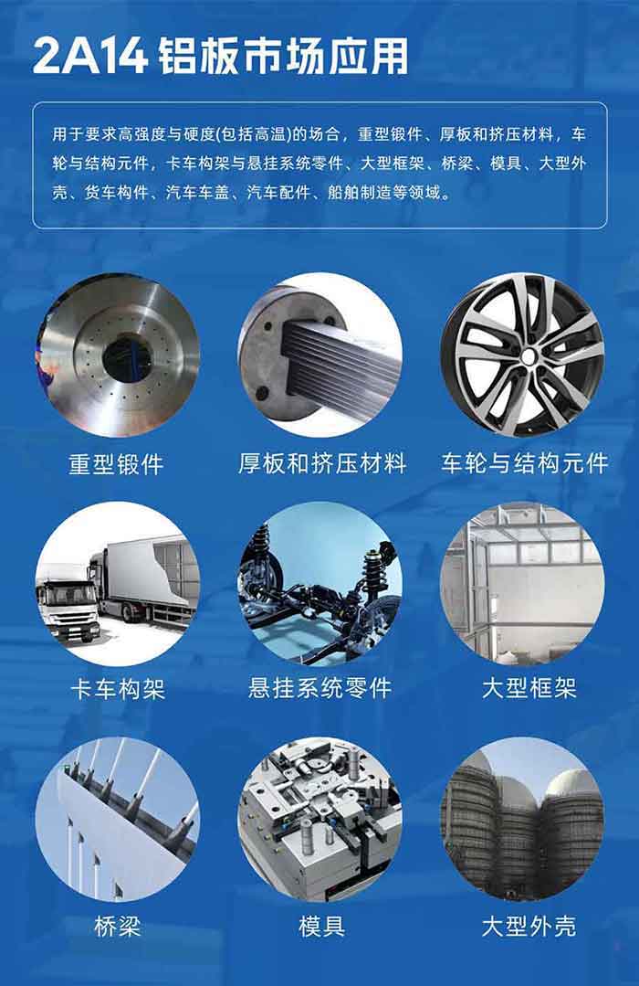 2A14铝板市场应用：

用于要求高强度与硬度(包括高温)的场合，重型锻件、厚板和挤压材料，车轮与结构元件，卡车构架与悬挂系统零件、大型框架、桥梁、模具、大型外壳、货车构件、汽车车盖、汽车配件、船舶制造等领域。
