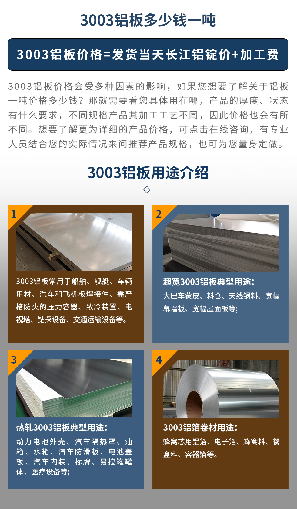 3003铝板用途介绍
　　3003铝板常用于船舶、舰艇、车辆用材、汽车和飞机板焊接件、需严格防火的压力容器、致冷装置、电视塔、钻探设备、交通运输设备等。超宽3003铝板典型用途：大巴车蒙皮、料仓、天线锅料、宽幅幕墙板、宽幅屋面板等;热轧3003铝板典型用途：动力电池外壳、汽车隔热罩、油箱、水箱、汽车防滑板、电池盖板、汽车内装、标牌、易拉罐罐体、医疗设备等;3003铝箔卷材用途： 蜂窝芯用铝箔、电子箔、蜂窝料、餐盒料、容器箔等。