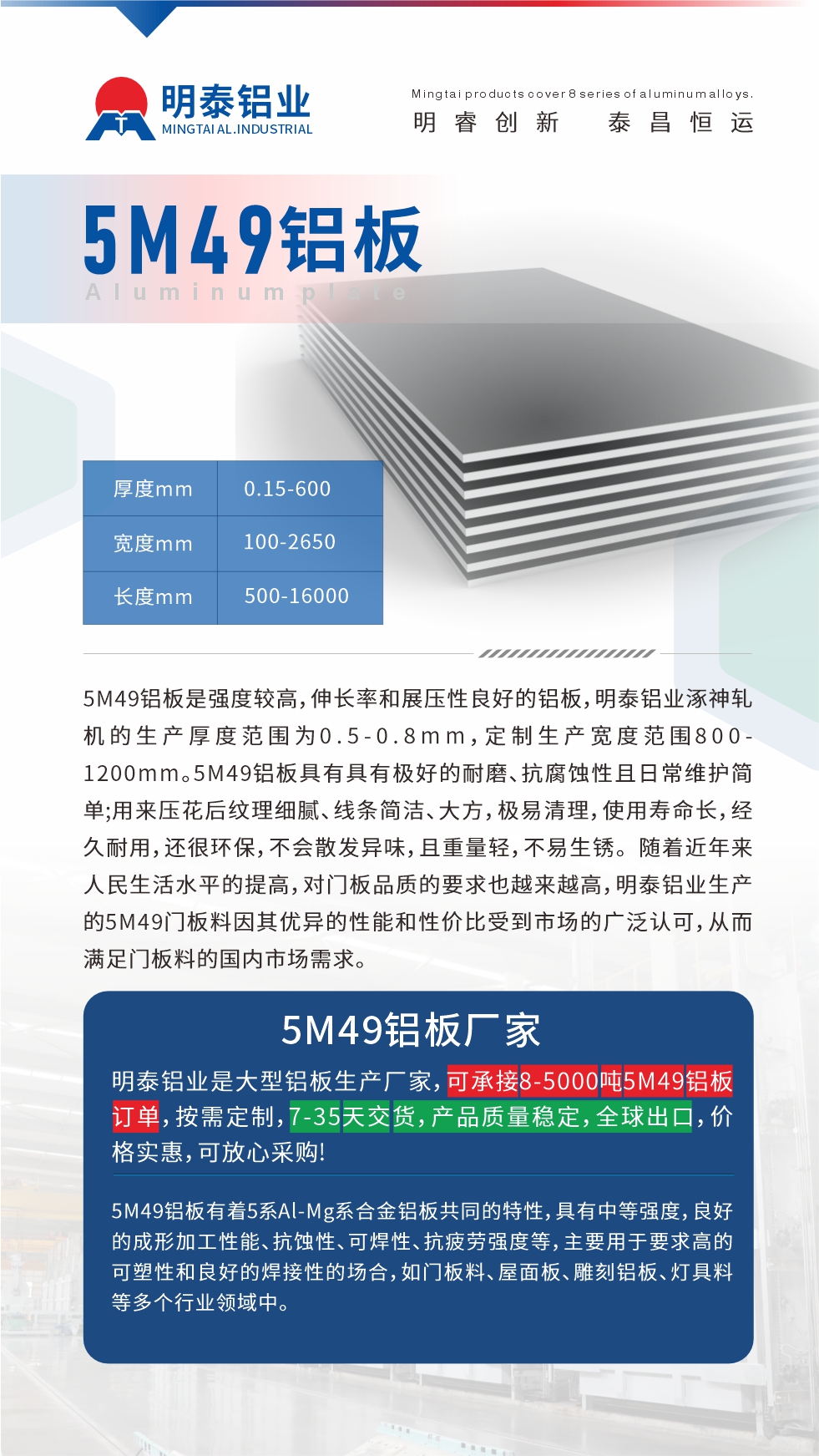 5M49铝板是强度较高，伸长率和展压性良好的铝板，云顶集团铝业涿神轧机的生产厚度范围为0.5-0.8mm，定制生产宽度范围800-1200mm。5M49铝板具有具有极好的耐磨、抗腐蚀性且日常维护简单;用来压花后纹理细腻、线条简洁、大方，极易清理，使用寿命长，经久耐用，还很环保，不会散发异味，且重量轻，不易生锈。 随着近年来人民生活水平的提高，对门板品质的要求也越来越高，云顶集团铝业生产的5M49门板料因其优异的性能和性价比受到市场的广泛认可，从而满足门板料的国内市场需求。
