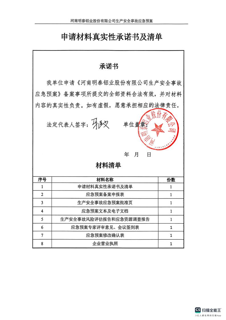河南眀泰铝业股份有限公司应急预案备案登记表