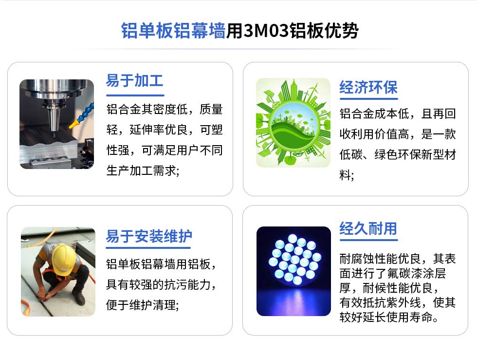 铝单板铝幕墙用3M03铝板优势
易于加工
铝合金其密度低，质量轻，延伸率优良，可塑性强，可满足用户不同生产加工需求;
易于安装维护
铝单板铝幕墙用铝板具有较强的抗污能力，便于维护清理;
经济环保
铝合金成本低，且再回收利用价值高，是一款低碳、绿色环保新型材料，
经久耐用
耐腐蚀性能优良，其表面进行了氟碳漆涂层厚，耐候性能优良，有效抵抗紫外线，使其较好延长使用寿命。