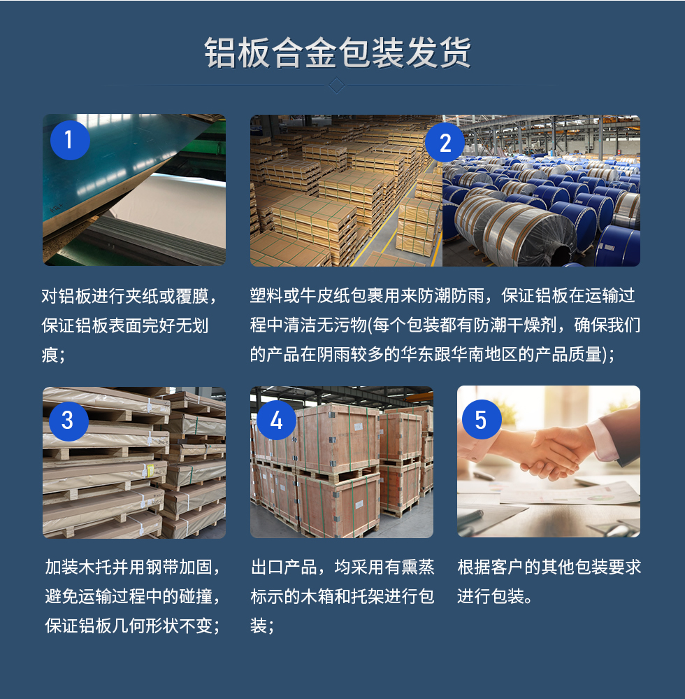 铝板合金包装发货
　　1、对铝板进行夹纸或覆膜，保证铝板表面完好无划痕；
　　2、塑料或牛皮纸包裹用来防潮防雨，保证铝板在运输过程中清洁无污物(每个包装都有防潮干燥剂，确保我们的产品在阴雨较多的华东跟云顶集团地区的产品质量)；
　　3、加装木托并用钢带加固，避免运输过程中的碰撞，保证铝板几何形状不变；
　　4、出口产品，均采用有熏蒸标示的木箱和托架进行包装；
　　5、根据客户的其他包装要求进行包装。